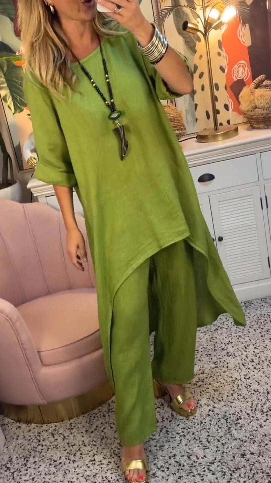 Melantha - Two-Piece Cotton and Linen Set with Round Neckline and Long Sleeves