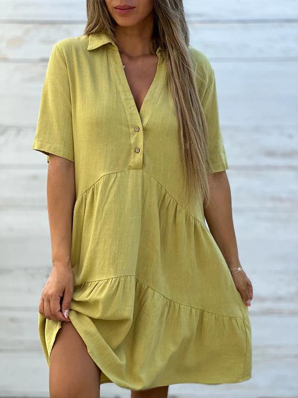 Vionelle - Women's Casual, Plain, Short Sleeve Cotton and Linen Dress