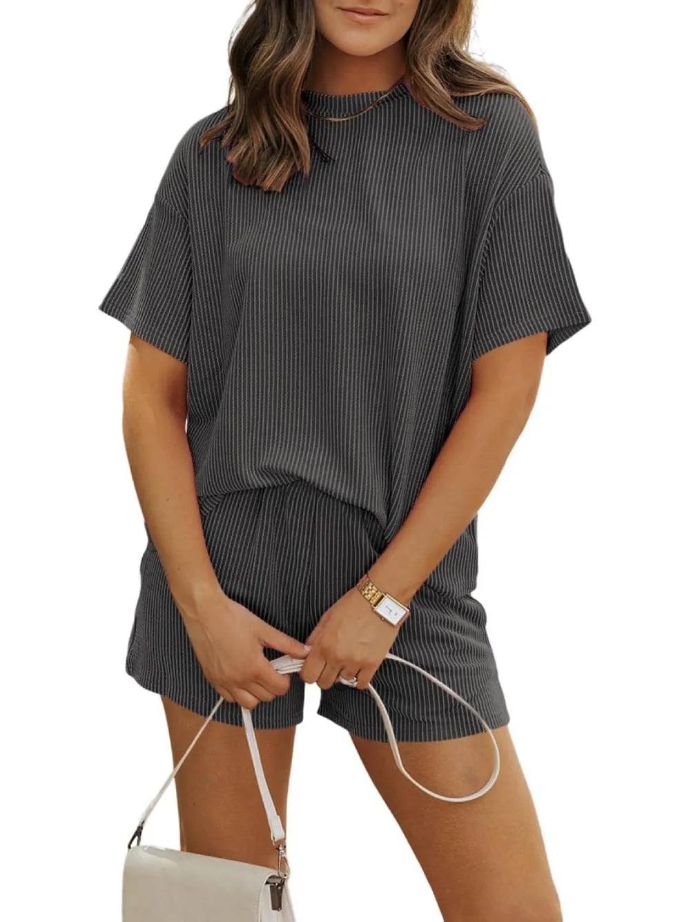 Irina - Ribbed Textured Shorts Set with Round Neck