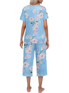Olivine - Women's short-sleeved loungewear set with capri pants - perfect for relaxing at home in style