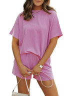 Irina - Ribbed Textured Shorts Set with Round Neck
