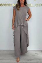 Nelia - Casual Set with Short Sleeve Midi Top and Elastic Waist Pants