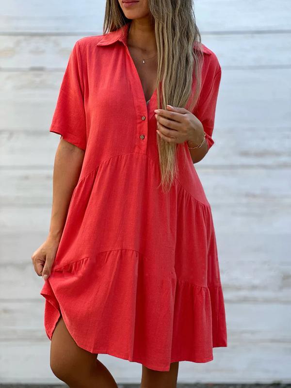 Vionelle - Women's Casual, Plain, Short Sleeve Cotton and Linen Dress