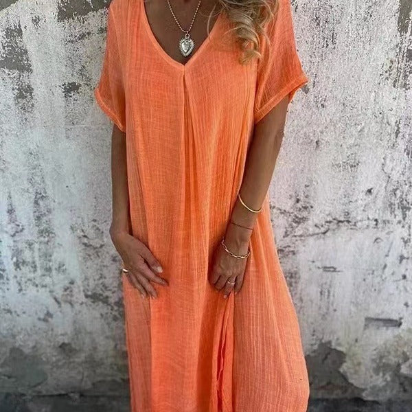 Fiorina - Loose Cotton and Linen V-Neck Dress