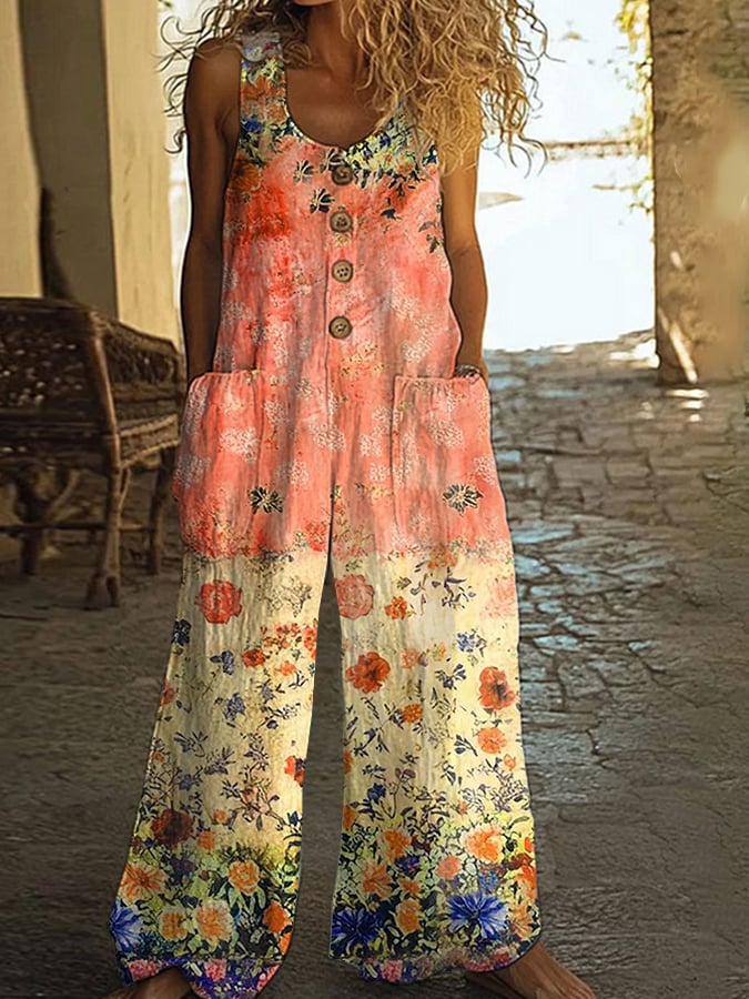 Lunelle - Women's Vintage Floral Patchwork Jumpsuit