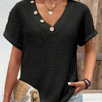 Adina - Elegant V-neck sweater with short sleeves and buttons