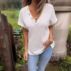 Adina - Elegant V-neck sweater with short sleeves and buttons