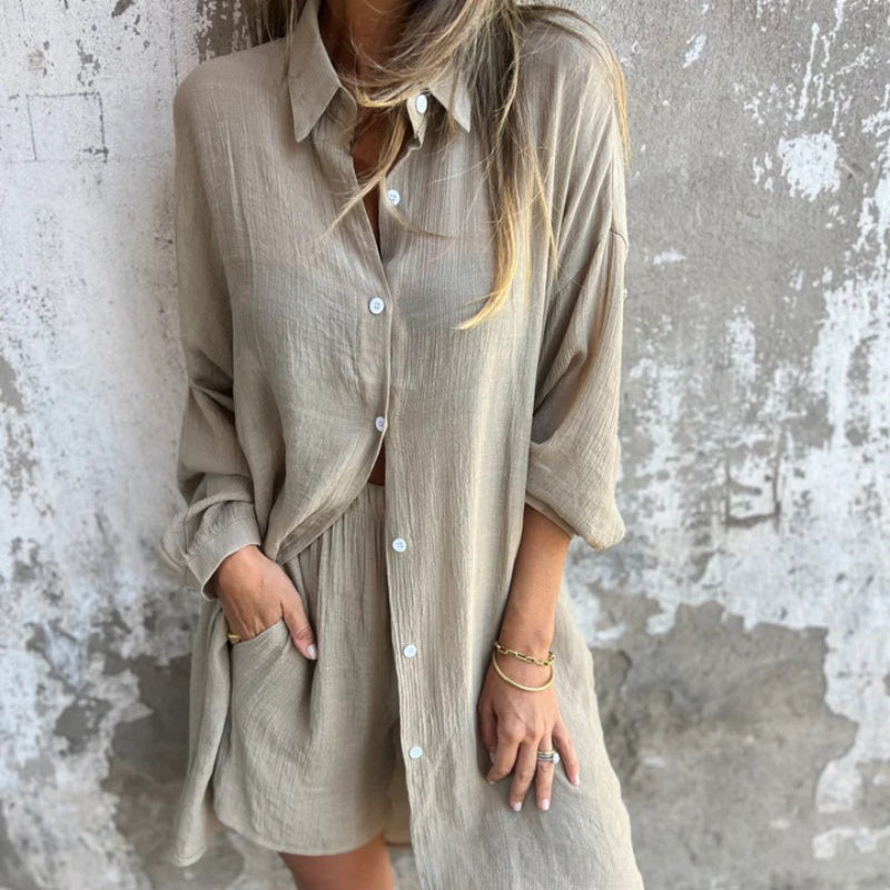 Alora - Women's Long Sleeve Shirt and Shorts Set