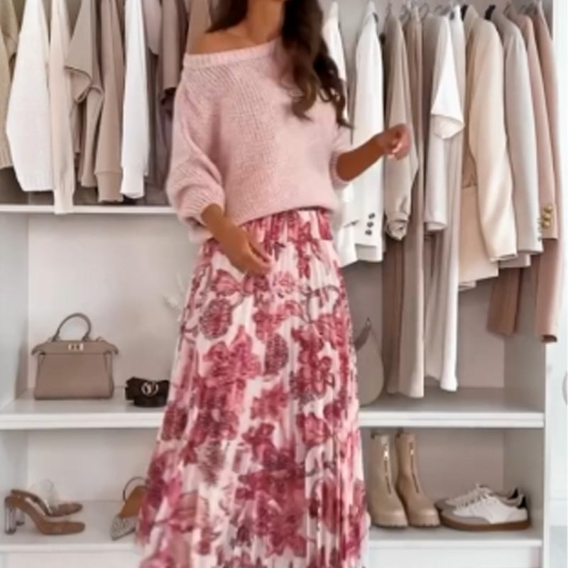 Janna - Round Neck Top and Printed Belted Skirt Set