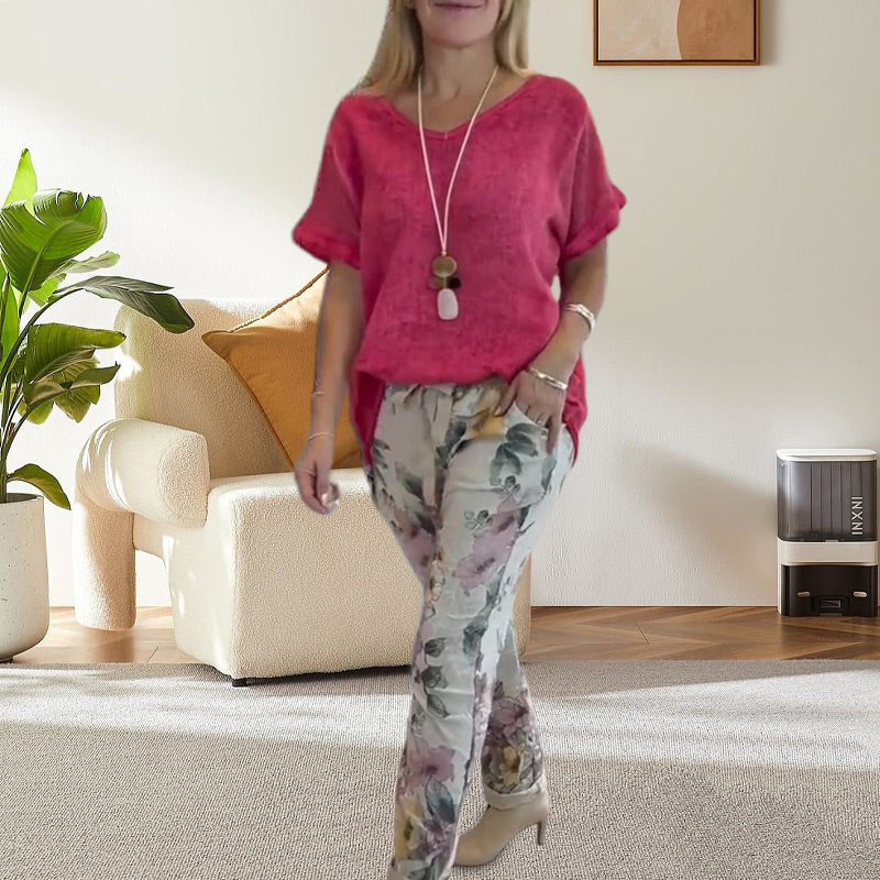 Evangeline - Women's 2 Piece Set - Solid Blouse and Casual Floral Print Pants