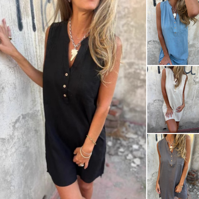 Noelia - Women's Sleeveless Button-Up V-Neck Dress