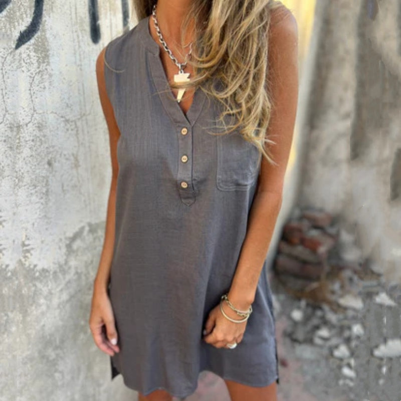 Noelia - Women's Sleeveless Button-Up V-Neck Dress