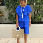 Sibel - Short Sleeve Knee Length Chiffon Dress with Ruffles