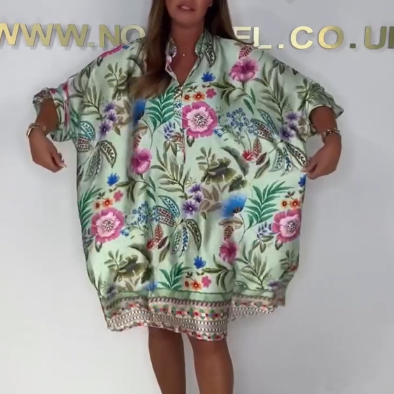 Violetta - Casual Floral Dress with V-Neckline and Partial Buttons