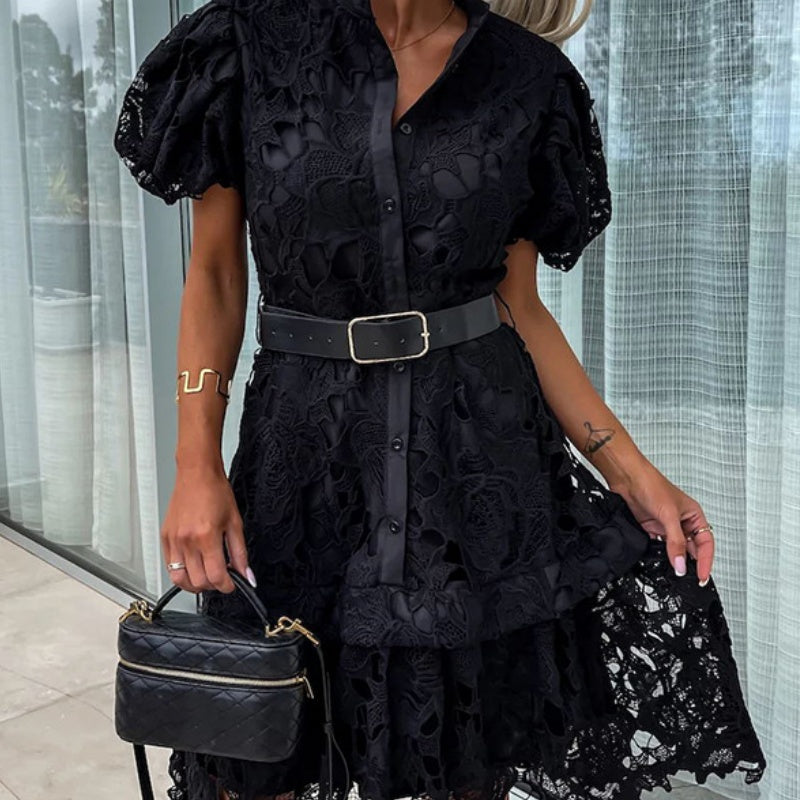 Layla - Women's Retro Lace Dress with Short Sleeves and Cutouts
