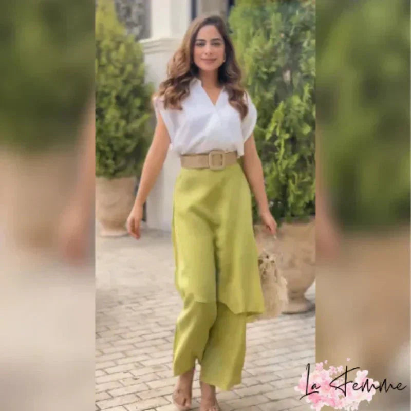 Myla - Women's Elegant Set: V-neck Top and Flared Pants