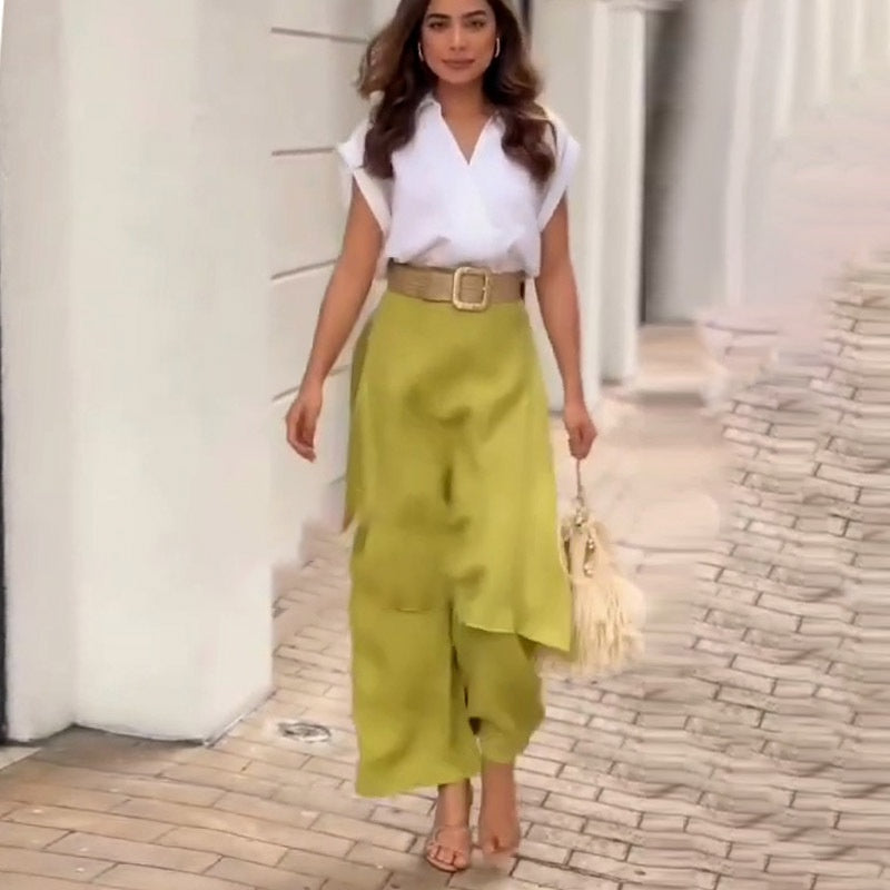 Myla - Women's Elegant Set: V-neck Top and Flared Pants