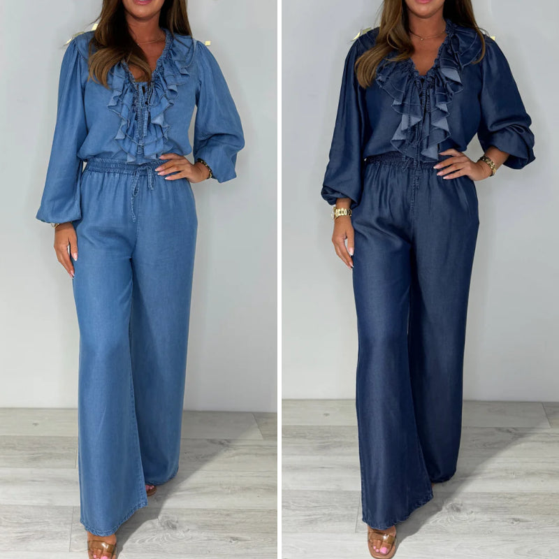 Sorina - Casual Long Sleeve Top and Wide Leg Pants Set