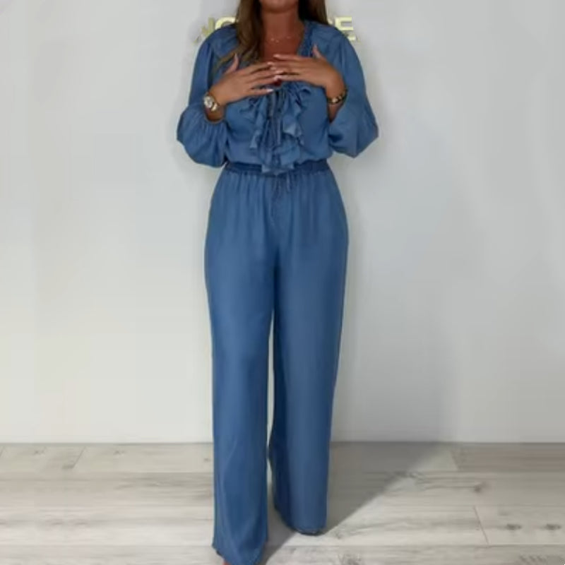 Sorina - Casual Long Sleeve Top and Wide Leg Pants Set