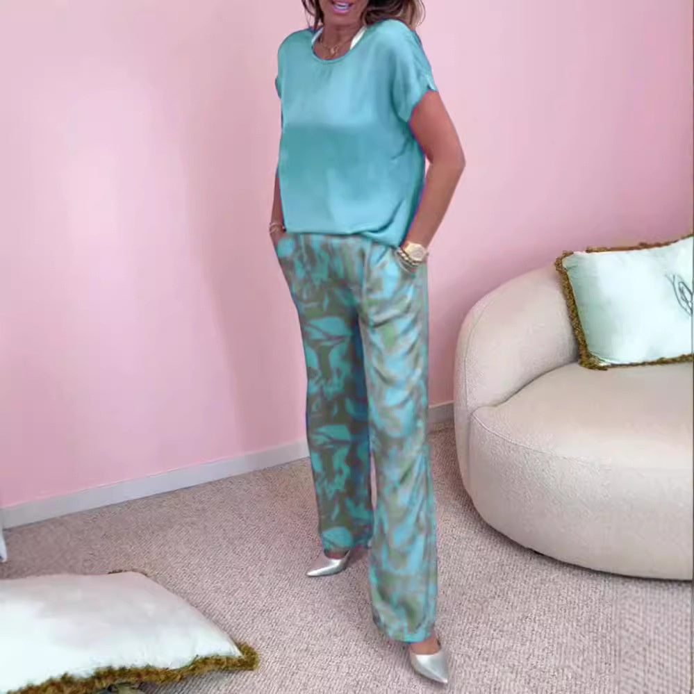 Malika - 2-Piece Set: Top &amp; Wide Printed Pants