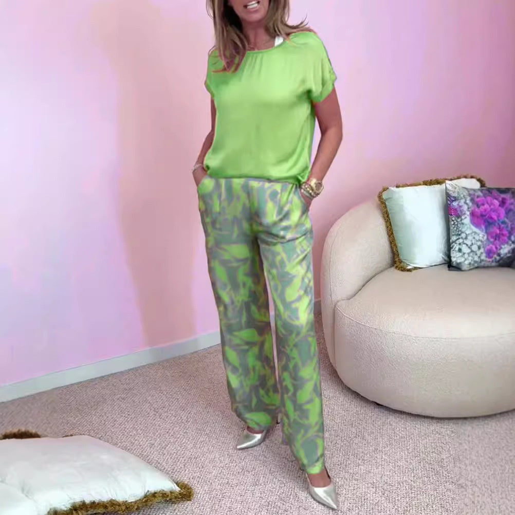 Malika - 2-Piece Set: Top &amp; Wide Printed Pants