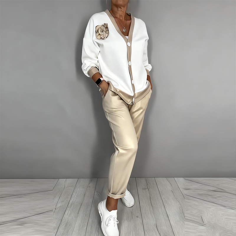 Neravine - Chic V-Neck and High Waisted Pants Set