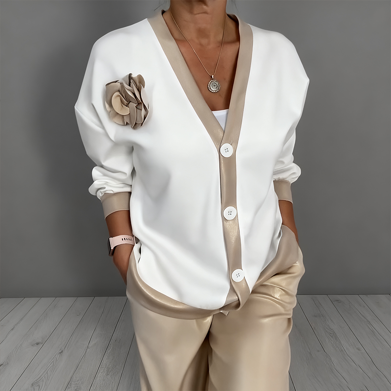 Neravine - Chic V-Neck and High Waisted Pants Set